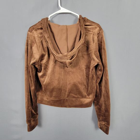Brown Velour Rhinestone Queen Zip Hoodie Medium Soft Y2K Glam Retro Streetwear - Picture 2 of 5